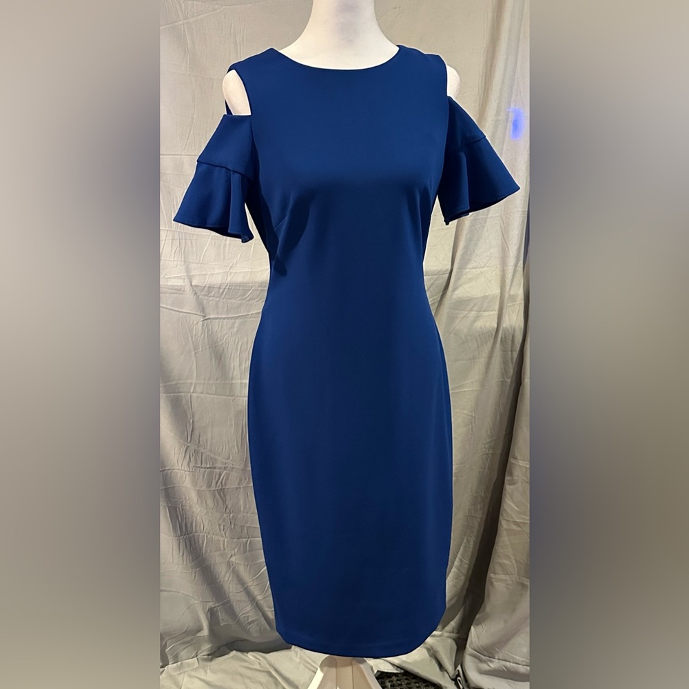 Calvin Klein Cold Shoulder Blue Midi Dress - Picture 1 of 3